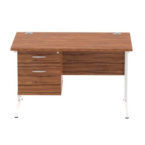 Impulse 1200 x 800mm Straight Office Desk Walnut Top White Cant Leg Workstation 1 x 2 Draw Fixed