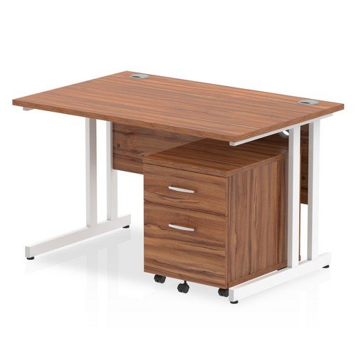 Impulse 1200 x 800mm Straight Office Desk Walnut Top White Cant Leg Workstation 2 Draw Mobile
