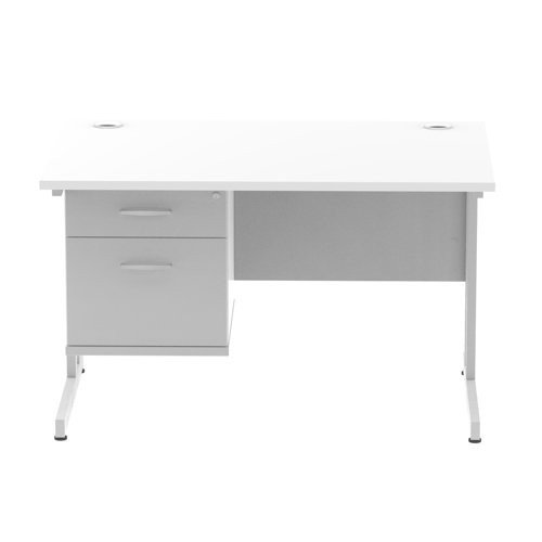 Impulse 1200 x 800mm Straight Office Desk White Top Silver Cant Leg Workstation 1 x 2 Draw Fixed
