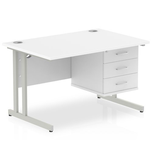 Impulse 1200 x 800mm Straight Office Desk White Top Silver Cant Leg Workstation 1 x 3 Draw Fixed