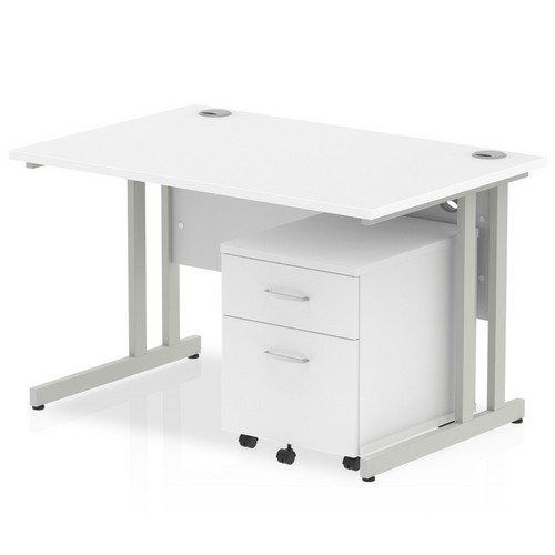 Impulse 1200 x 800mm Straight Office Desk White Top Silver Cant Leg Workstation 2 Draw Mobile