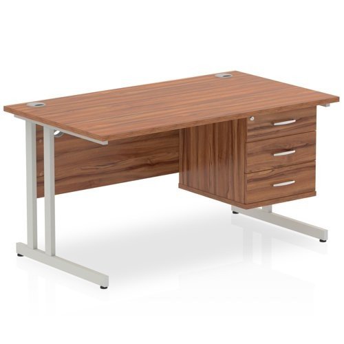 Impulse 1400 Rectangle Silver Cant Leg Desk WALNUT 1 x 3 Drawer Fixed Ped