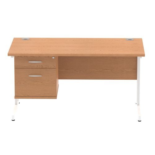 Impulse 1400 Rectangle White Cant Leg Desk OAK 1 x 2 Drawer Fixed Ped