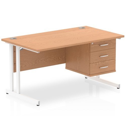 Impulse 1400 Rectangle White Cant Leg Desk OAK 1 x 3 Drawer Fixed Ped