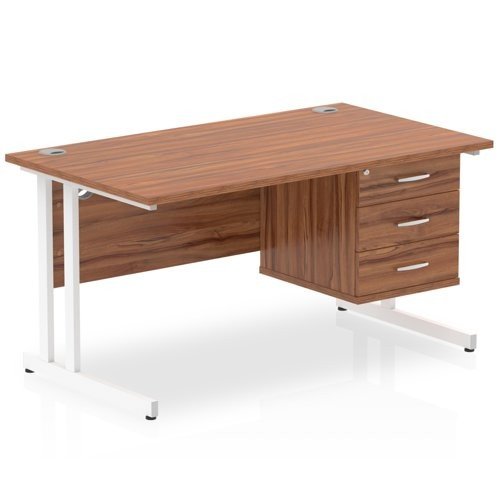 Impulse 1400 Rectangle White Cant Leg Desk WALNUT 1 x 3 Drawer Fixed Ped