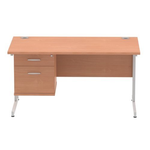 Impulse 1400 x 800mm Straight Office Desk Beech Top Silver Cant Leg Workstation 1 x 2 Draw Fixed