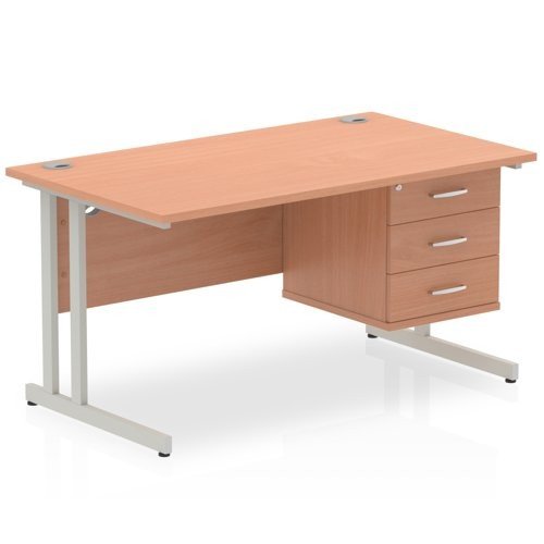 Impulse 1400 x 800mm Straight Office Desk Beech Top Silver Cant Leg Workstation 1 x 3 Draw Fixed