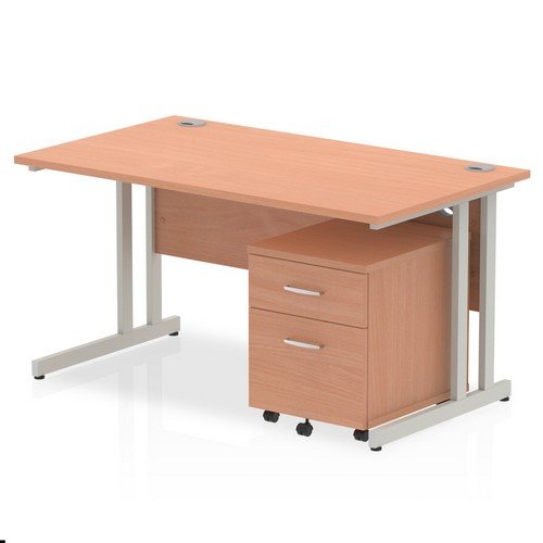 Impulse 1400 x 800mm Straight Office Desk Beech Top Silver Cant Leg Workstation 2 Draw Mobile