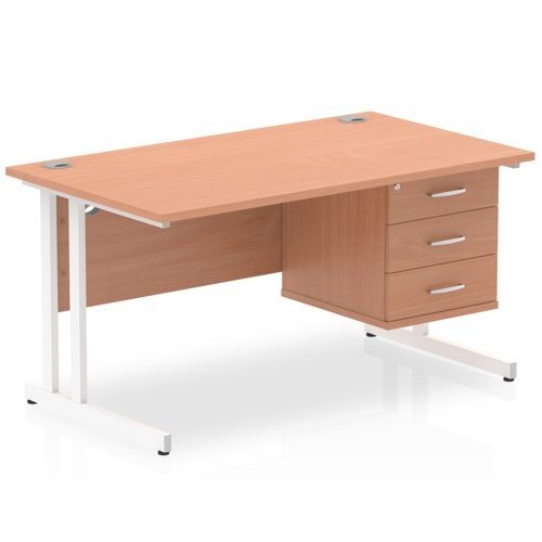 Impulse 1400 x 800mm Straight Office Desk Beech Top White Cant Leg Workstation 1 x 3 Draw Fixed