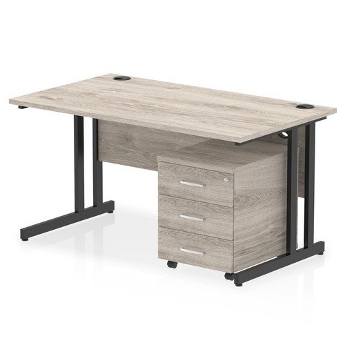Impulse 1400 x 800mm Straight Office Desk Grey Oak Top Black Cant Leg Workstation 3 Draw Mobile