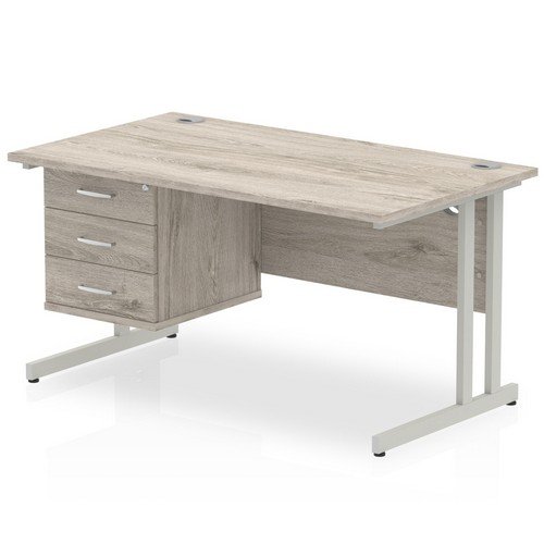 Impulse 1400 x 800mm Straight Office Desk Grey Oak Top Silver Cant Leg Workstation 1 x 3 Draw Fixed