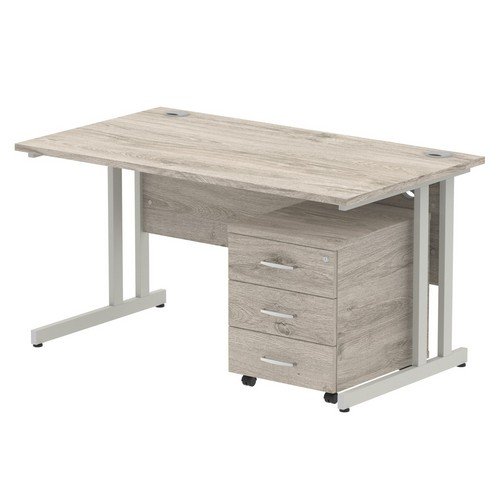 Impulse 1400 x 800mm Straight Office Desk Grey Oak Top Silver Cant Leg Workstation 3 Draw Mobile