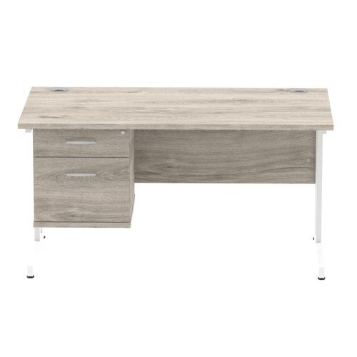 Impulse 1400 x 800mm Straight Office Desk Grey Oak Top White Cant Leg Workstation 1 x 2 Draw Fixed