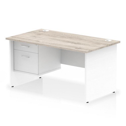Impulse 1400 x 800mm Straight Office Desk Grey Oak Top White Panel End Leg with 1 x 2 Draw Fixed