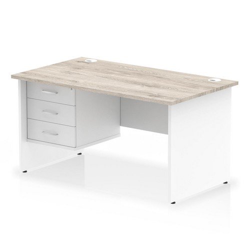 Impulse 1400 x 800mm Straight Office Desk Grey Oak Top White Panel End Leg with 1 x 3 Draw Fixed