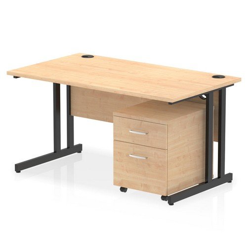 Impulse 1400 x 800mm Straight Office Desk Maple Top Black Cant Leg Workstation 2 Draw Mobile