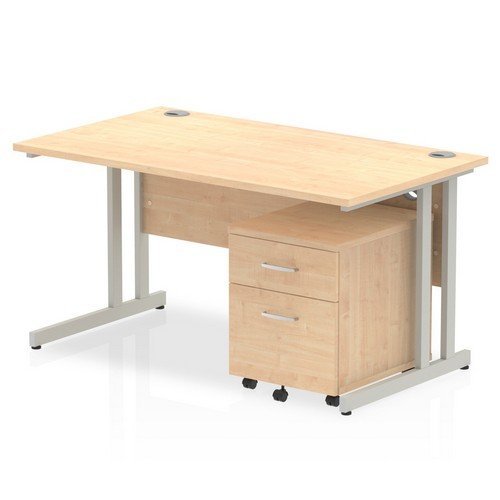 Impulse 1400 x 800mm Straight Office Desk Maple Top Silver Cant Leg Workstation 2 Draw Mobile