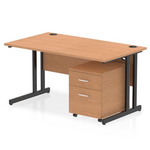 Impulse 1400 x 800mm Straight Office Desk Oak Top Black Cant Leg Workstation 2 Draw Mobile