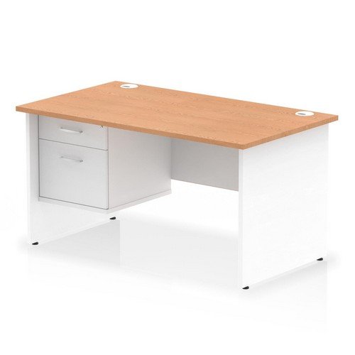 Impulse 1400 x 800mm Straight Office Desk Oak Top White Panel End Leg with 1 x 2 Draw Fixed