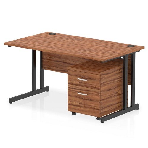 Impulse 1400 x 800mm Straight Office Desk Walnut Top Black Cant Leg Workstation 2 Draw Mobile