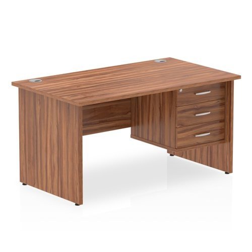 Impulse 1400 x 800mm Straight Office Desk Walnut Top Panel End Leg Workstation 1 x 3 Draw Fixed
