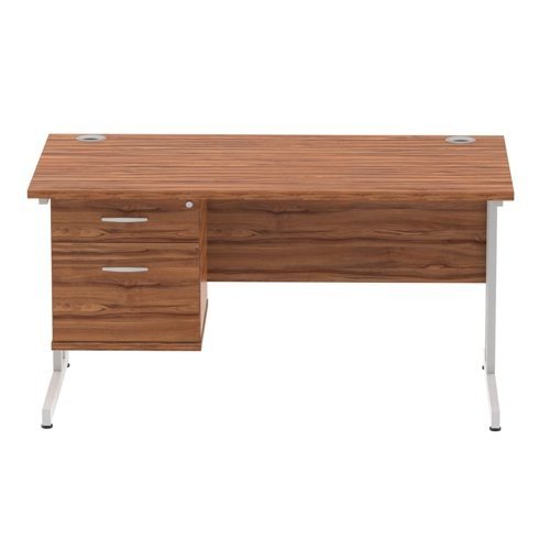 Impulse 1400 x 800mm Straight Office Desk Walnut Top Silver Cant Leg Workstation 1 x 2 Draw Fixed