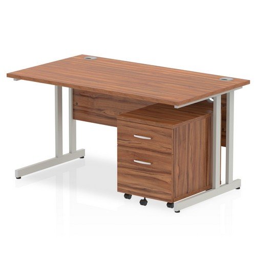 Impulse 1400 x 800mm Straight Office Desk Walnut Top Silver Cant Leg Workstation 2 Draw Mobile