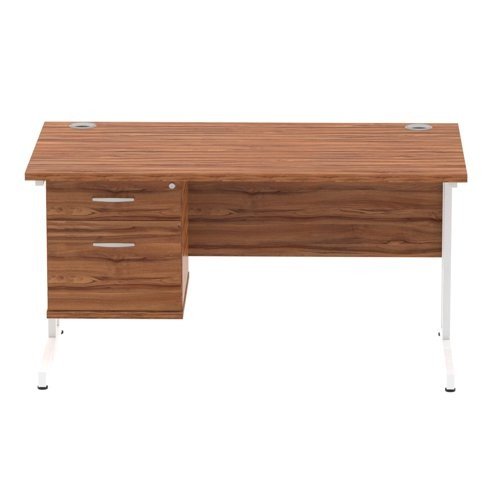 Impulse 1400 x 800mm Straight Office Desk Walnut Top White Cant Leg Workstation 1 x 2 Draw Fixed