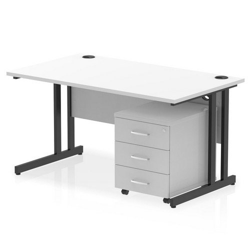 Impulse 1400 x 800mm Straight Office Desk White Top Black Cant Leg Workstation 3 Draw Mobile