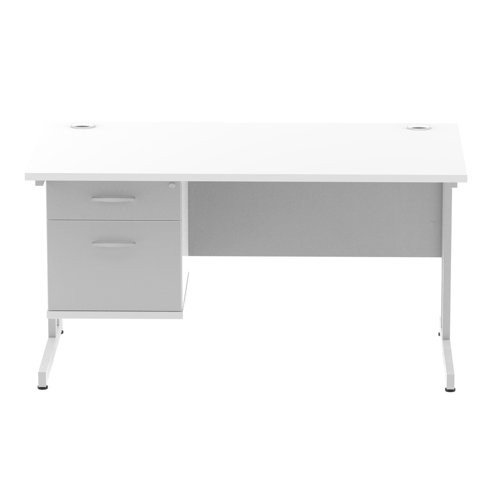 Impulse 1400 x 800mm Straight Office Desk White Top Silver Cant Leg Workstation 1 x 2 Draw Fixed