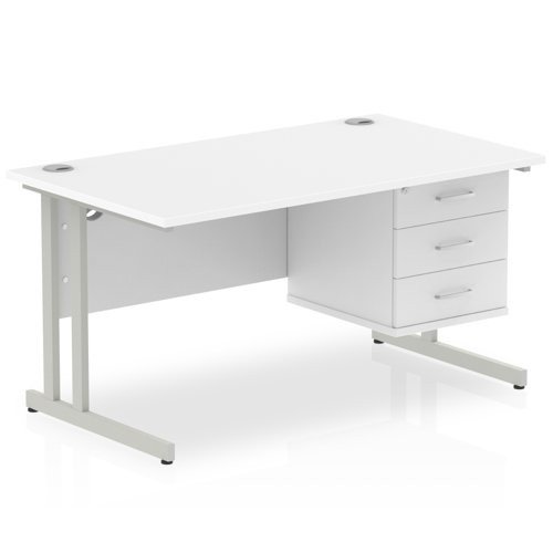 Impulse 1400 x 800mm Straight Office Desk White Top Silver Cant Leg Workstation 1 x 3 Draw Fixed