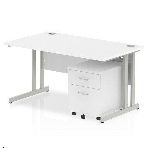 Impulse 1400 x 800mm Straight Office Desk White Top Silver Cant Leg Workstation 2 Draw Mobile