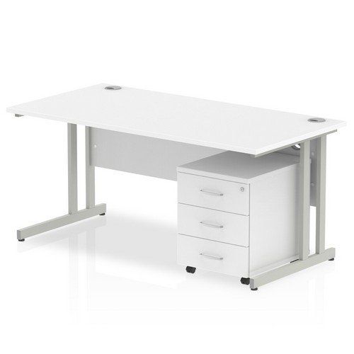 Impulse 1400 x 800mm Straight Office Desk White Top Silver Cant Leg Workstation 3 Draw Mobile