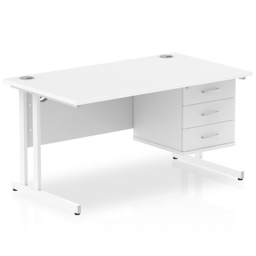 Impulse 1400 x 800mm Straight Office Desk White Top White Cant Leg Workstation 1 x 3 Draw Fixed