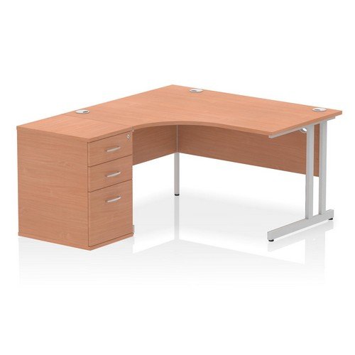 Impulse 1400mm Left Crescent Office Desk Beech Top Silver Cant Leg Workstation 600 Deep Desk High