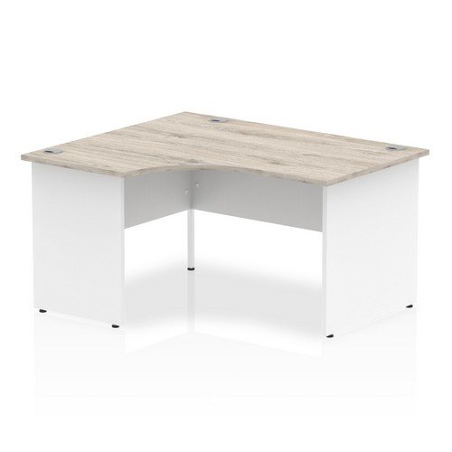 Impulse 1400mm Left Crescent Office Desk Grey Oak Top White Panel End Leg