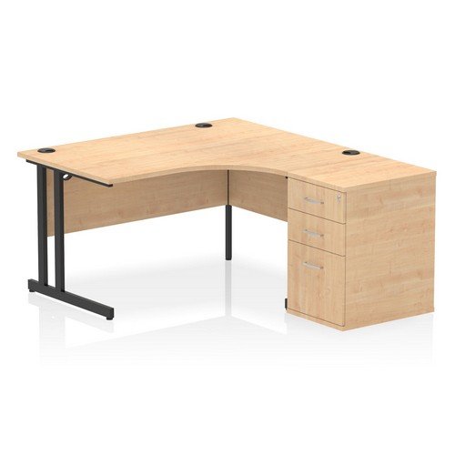 Impulse 1400mm Right Crescent Office Desk Maple Top Black Cant Leg Workstation 600 Deep Desk High