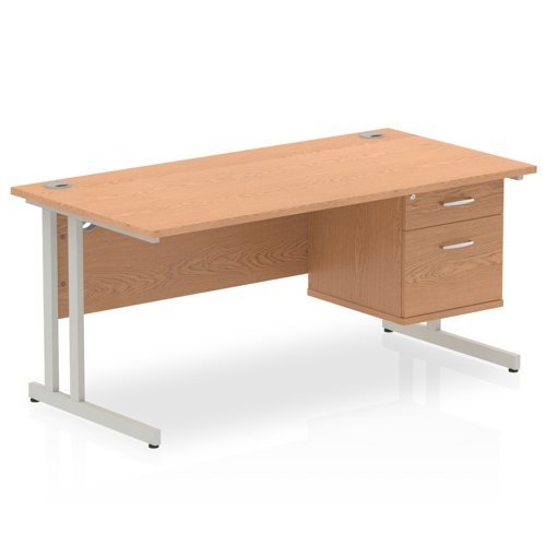Impulse 1600 Rectangle Silver Cant Leg Desk OAK 1 x 2 Drawer Fixed Ped