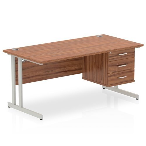 Impulse 1600 Rectangle Silver Cant Leg Desk WALNUT 1 x 3 Drawer Fixed Ped