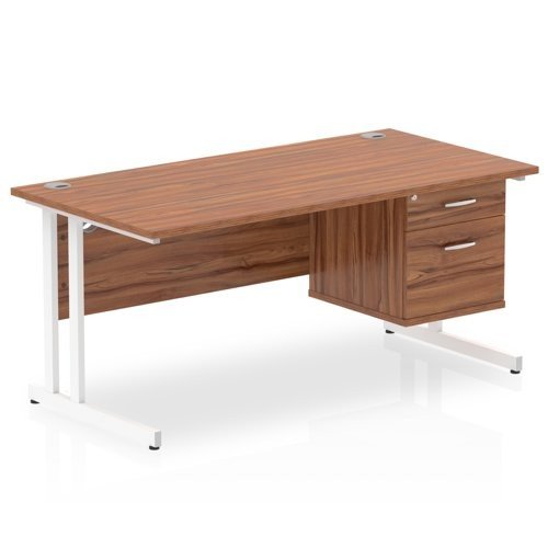 Impulse 1600 Rectangle White Cant Leg Desk WALNUT 1 x 2 Drawer Fixed Ped
