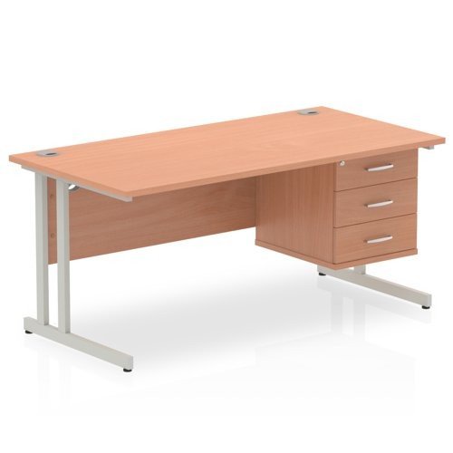 Impulse 1600 x 800mm Straight Office Desk Beech Top Silver Cant Leg Workstation 1 x 3 Draw Fixed