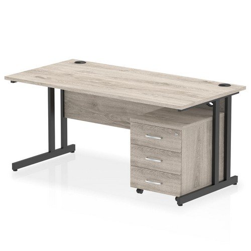 Impulse 1600 x 800mm Straight Office Desk Grey Oak Top Black Cant Leg Workstation 3 Draw Mobile