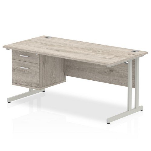 Impulse 1600 x 800mm Straight Office Desk Grey Oak Top Silver Cant Leg Workstation 1 x 2 Draw Fixed