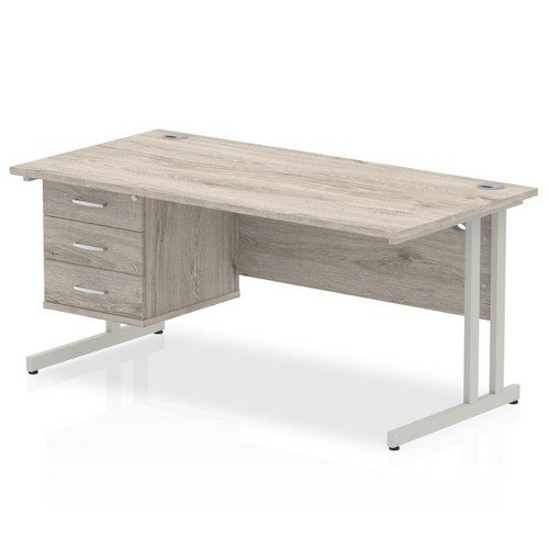 Impulse 1600 x 800mm Straight Office Desk Grey Oak Top Silver Cant Leg Workstation 1 x 3 Draw Fixed