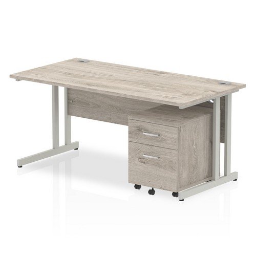 Impulse 1600 x 800mm Straight Office Desk Grey Oak Top Silver Cant Leg Workstation 2 Draw Mobile