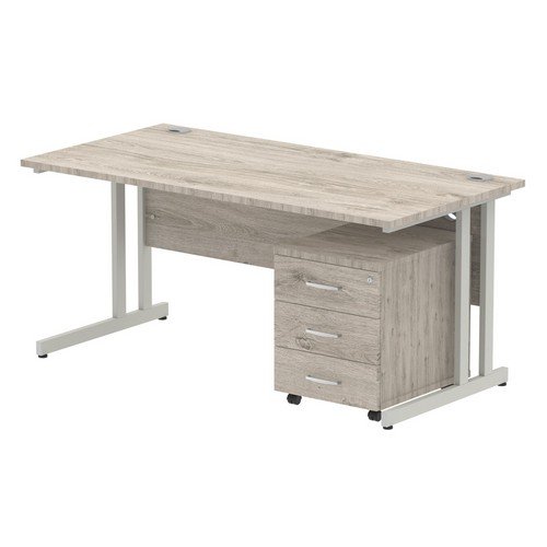 Impulse 1600 x 800mm Straight Office Desk Grey Oak Top Silver Cant Leg Workstation 3 Draw Mobile