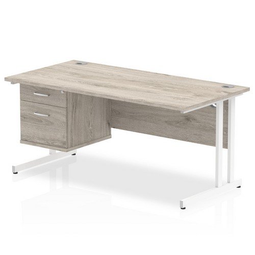 Impulse 1600 x 800mm Straight Office Desk Grey Oak Top White Cant Leg Workstation 1 x 2 Draw Fixed