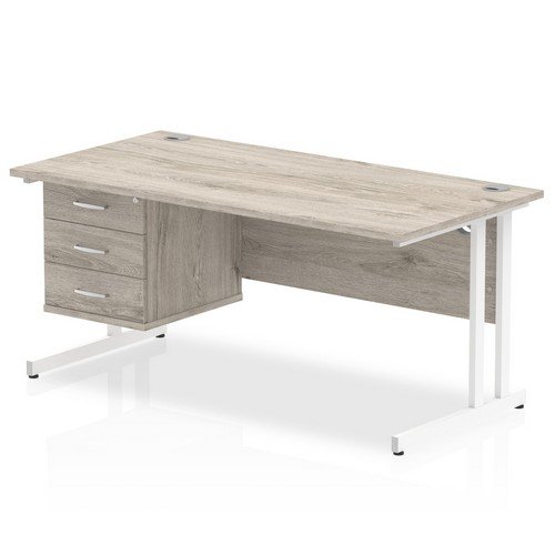 Impulse 1600 x 800mm Straight Office Desk Grey Oak Top White Cant Leg Workstation 1 x 3 Draw Fixed