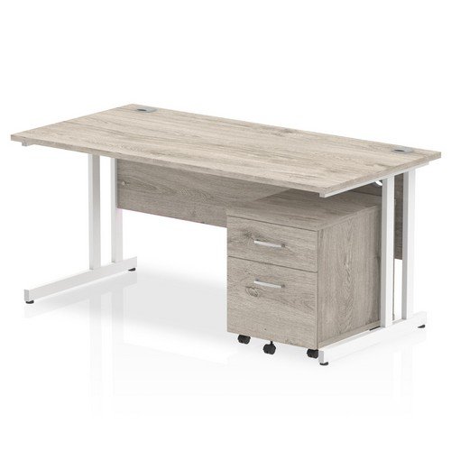 Impulse 1600 x 800mm Straight Office Desk Grey Oak Top White Cant Leg Workstation 2 Draw Mobile