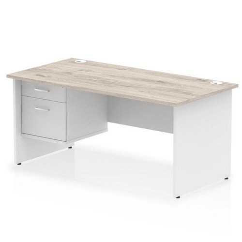 Impulse 1600 x 800mm Straight Office Desk Grey Oak Top White Panel End Leg with 1 x 2 Draw Fixed